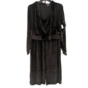 LOVE 83 Womens Velour 3 Piece Set Black Cropped Hoodie Tank Wide Leg Pants M NEW